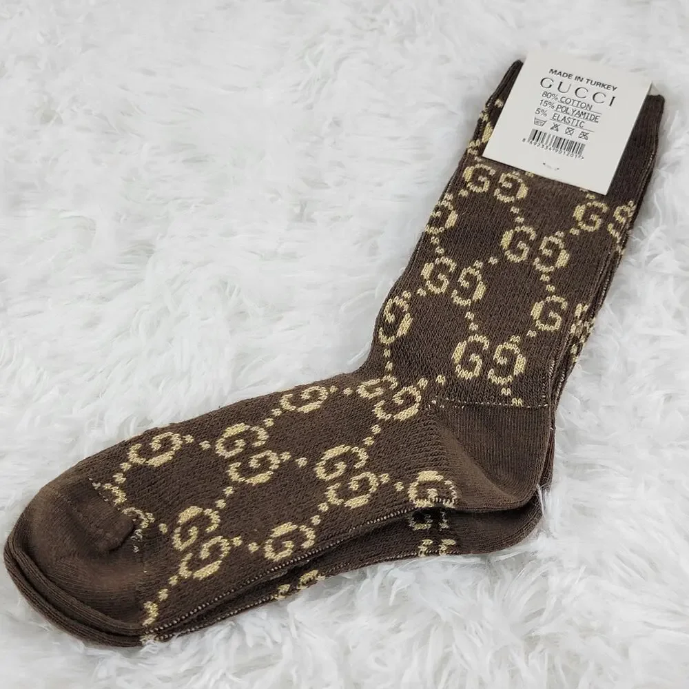 Gucci Crew Socks Unisex GG Logo Metallic 100% Authentic Brown Beige Luxury New